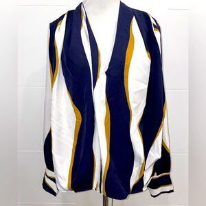Long sleeve, Neck, blouse. Blue, cream and Gold.